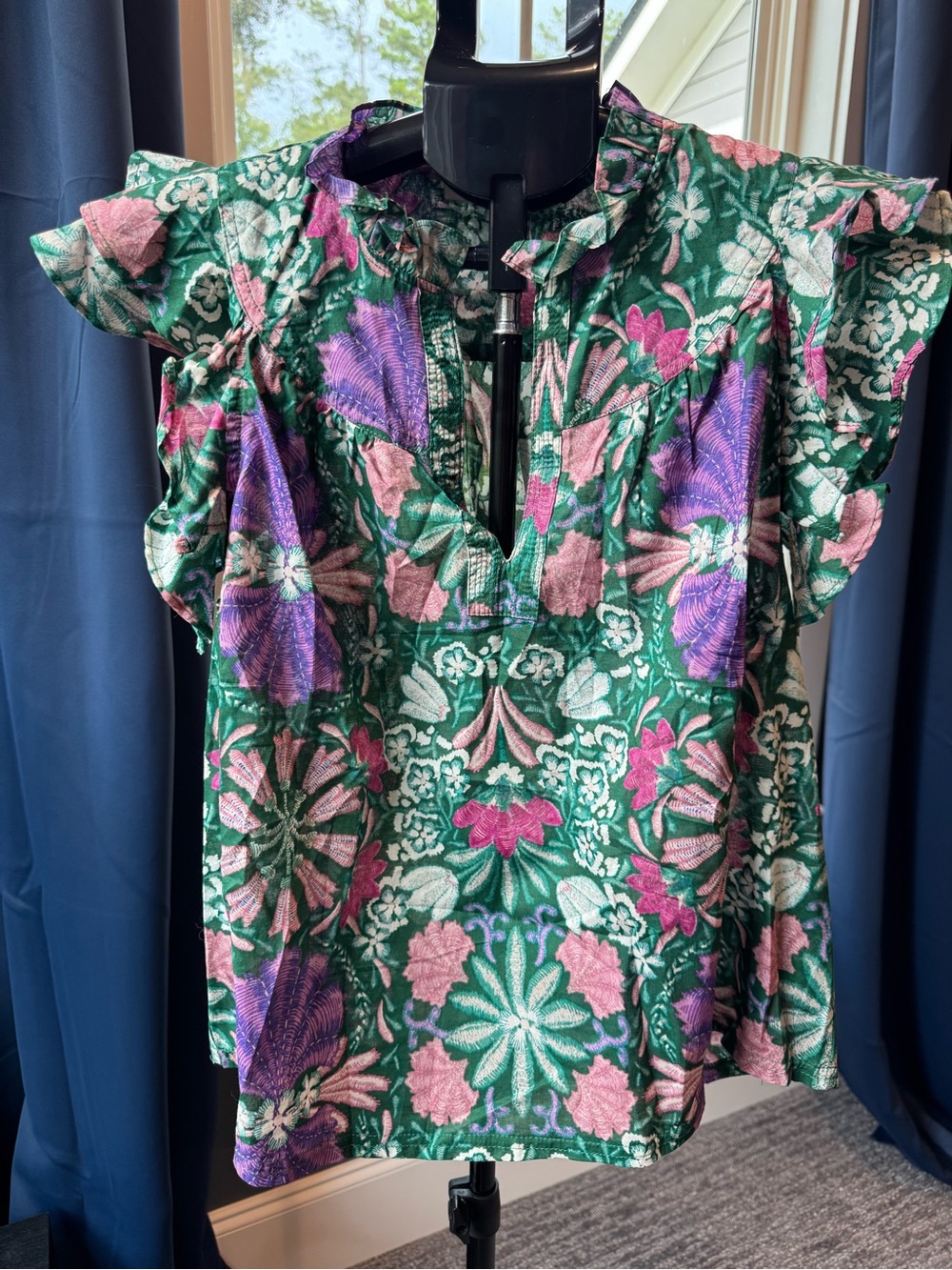 Olivaceous Green Purple Pink Floral Medallion Ruffle V Neck Short Sleeve Blouse